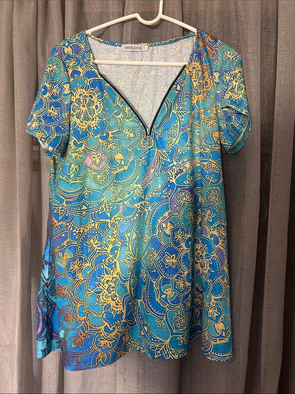 MISSLOOK Blue & Turquoise V-Neck Short Sleeve Tunic with Yellow Accents